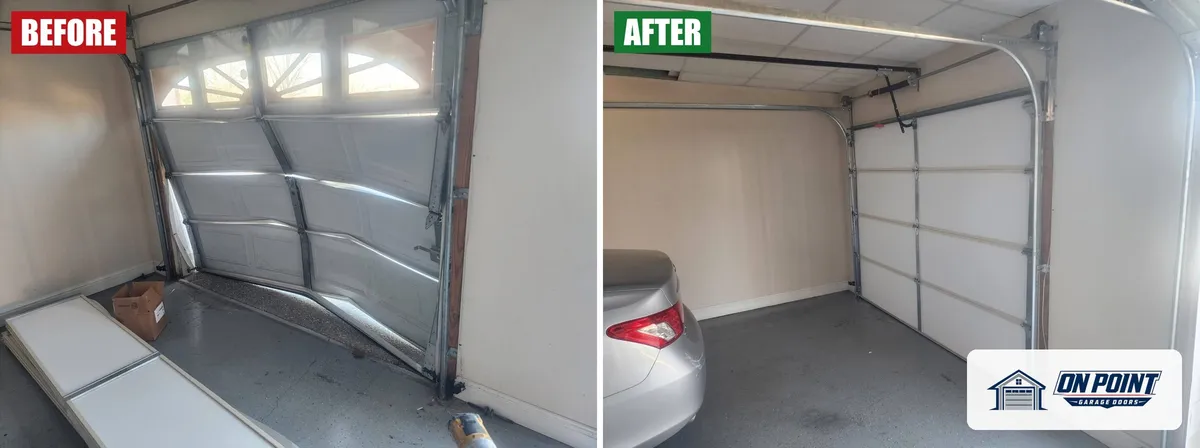 Caved-in door, made new: before and after photo from one of our jobs