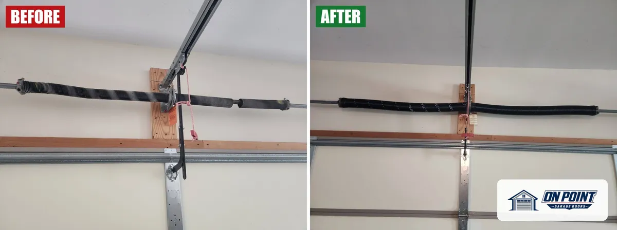 Broken garage door spring before and after the repair