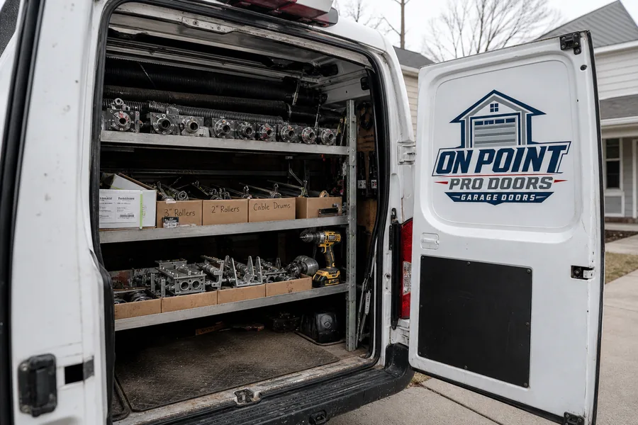 Inside the OnPoint Pro Doors van: springs, rollers, drums and hinges stocked for New York