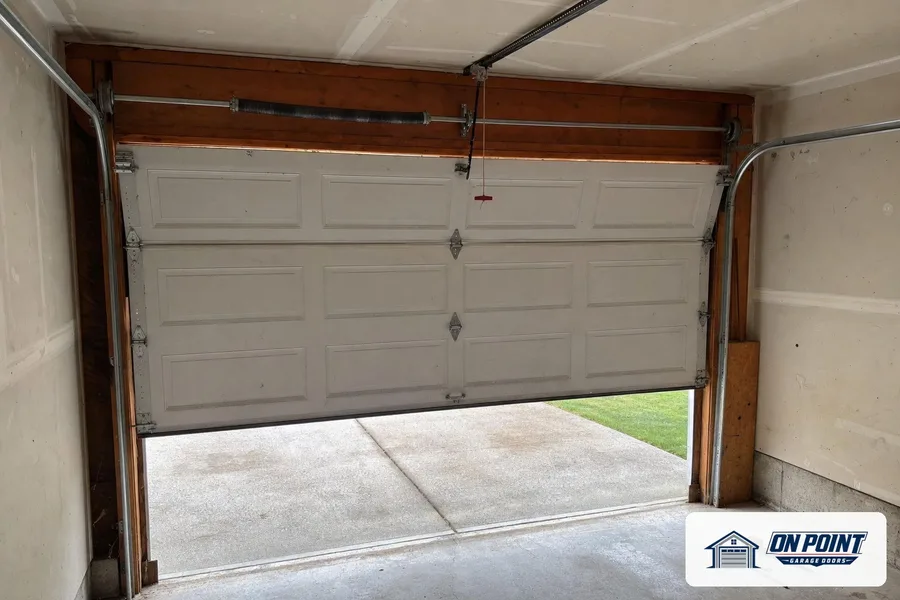 Garage door stuck partly open, seen from inside