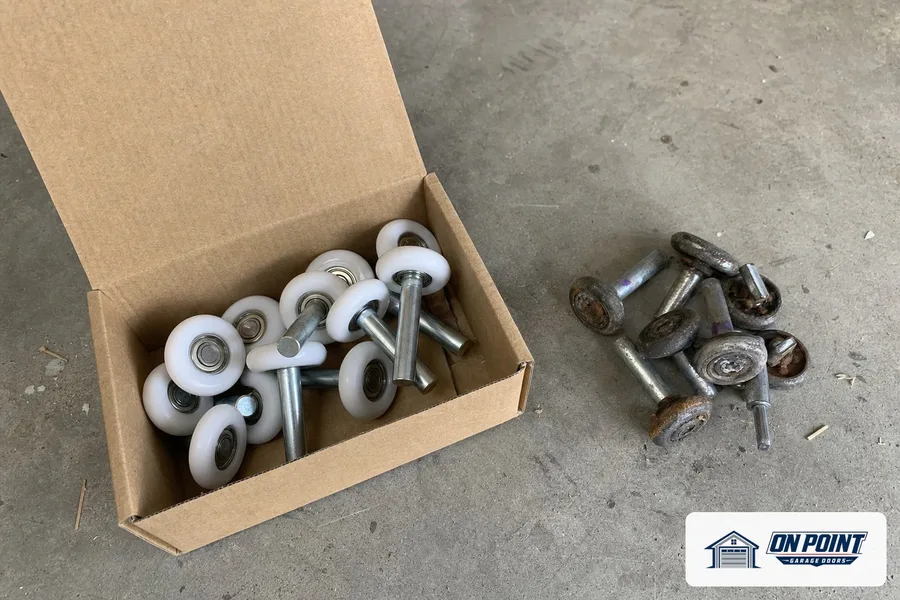 Box of new nylon rollers next to the worn steel rollers taken off a door