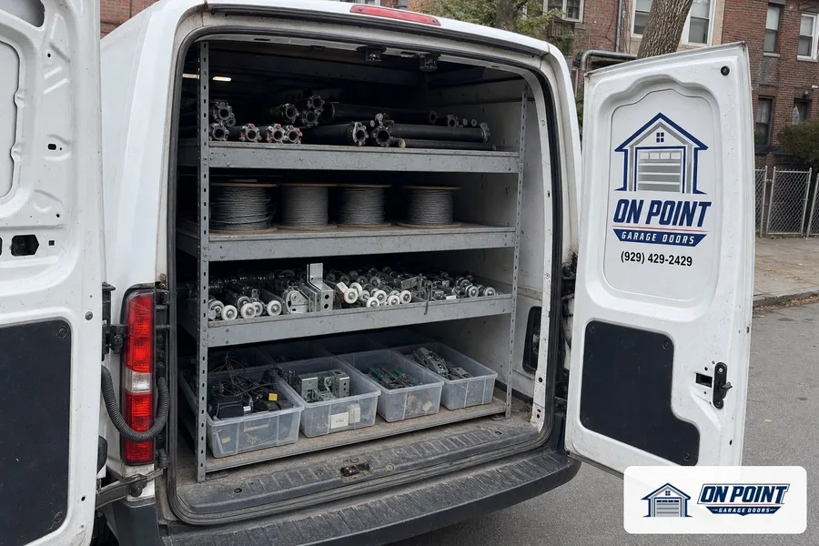 On Point service van with springs, rollers and parts on the shelves