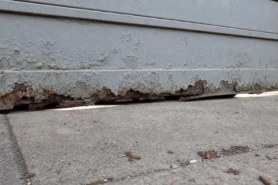 A rusted-through bottom rail on an old garage door in New York, NY